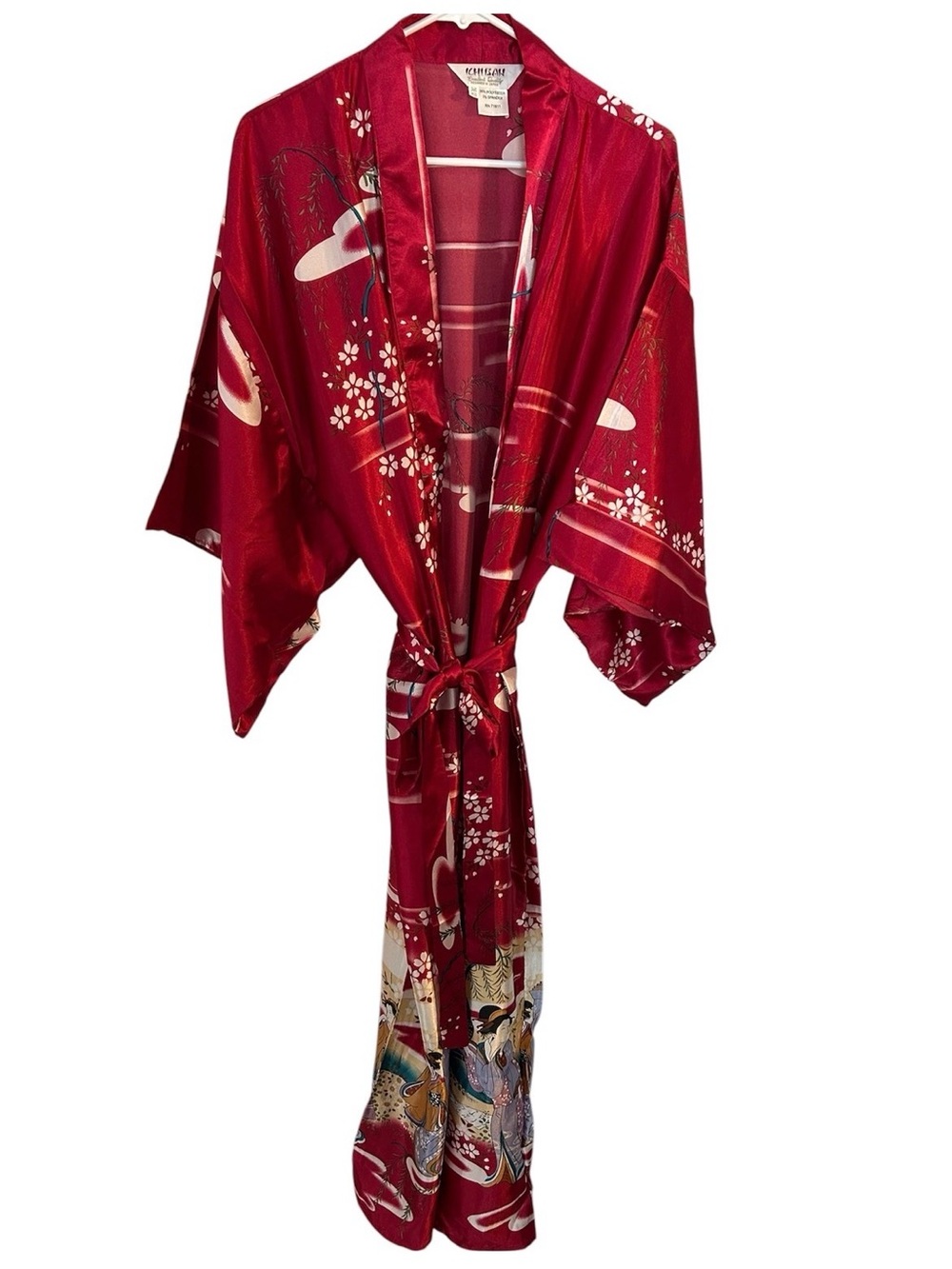 Vintage Ichiban Red Japanese Kimono Robe Full Length Polyester One Size